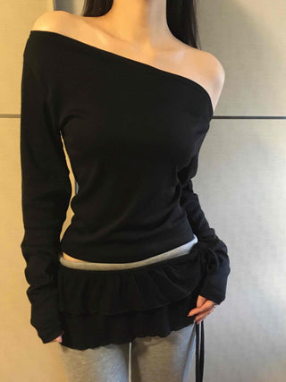 Sexy Shoulder Line One-Shoulder Boat Neck Long Sleeve T-Shirt