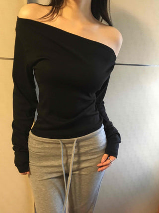 Sexy Shoulder Line One-Shoulder Boat Neck Long Sleeve T-Shirt