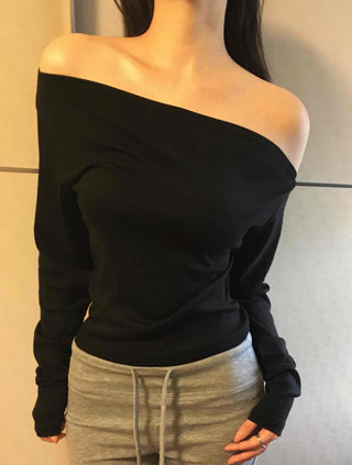 Sexy Shoulder Line One-Shoulder Boat Neck Long Sleeve T-Shirt
