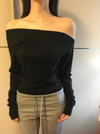 Sexy Shoulder Line One-Shoulder Boat Neck Long Sleeve T-Shirt