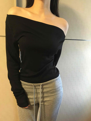 Sexy Shoulder Line One-Shoulder Boat Neck Long Sleeve T-Shirt