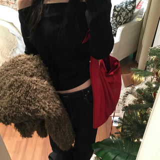 Sexy Shoulder Line One-Shoulder Boat Neck Long Sleeve T-Shirt