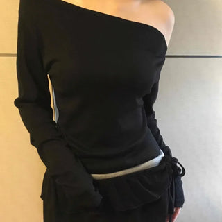 Sexy Shoulder Line One-Shoulder Boat Neck Long Sleeve T-Shirt