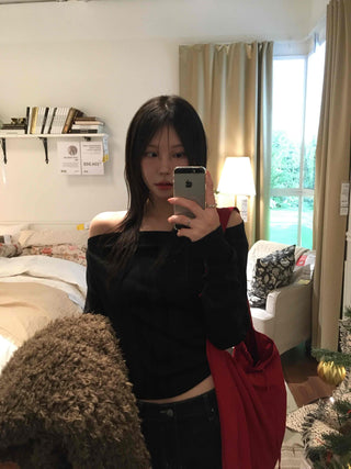 Sexy Shoulder Line One-Shoulder Boat Neck Long Sleeve T-Shirt