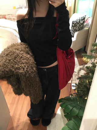 Sexy Shoulder Line One-Shoulder Boat Neck Long Sleeve T-Shirt