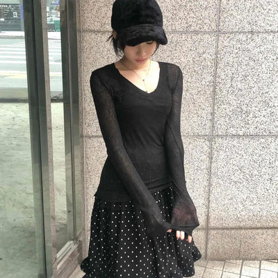Ribbed See-through V-Neck Slim Fit Long Sleeve Tee