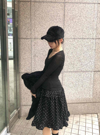 Ribbed See-through V-Neck Slim Fit Long Sleeve Tee