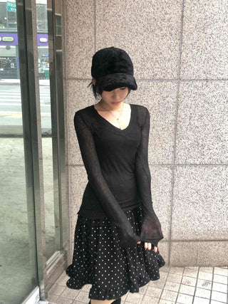 Ribbed See-through V-Neck Slim Fit Long Sleeve Tee