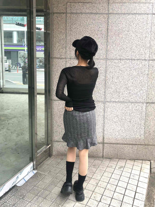 Ribbed See-through V-Neck Slim Fit Long Sleeve Tee