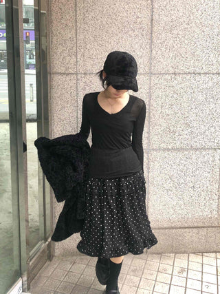 Ribbed See-through V-Neck Slim Fit Long Sleeve Tee