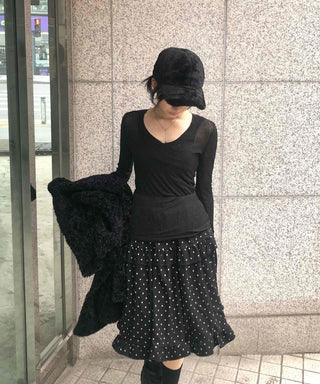 Ribbed See-through V-Neck Slim Fit Long Sleeve Tee