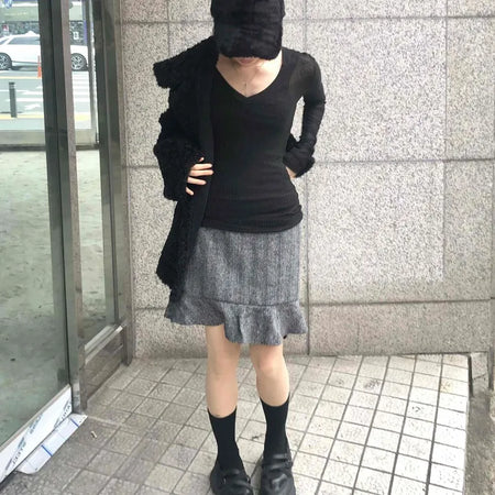 Herringbone Wool Midi Skirt with Ruffled Hem