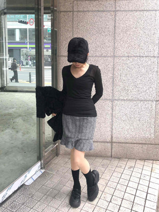 Herringbone Wool Midi Skirt with Ruffled Hem