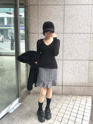 Herringbone Wool Midi Skirt with Ruffled Hem