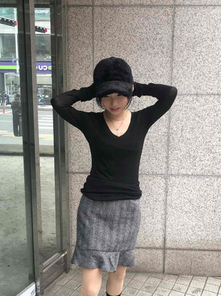 Herringbone Wool Midi Skirt with Ruffled Hem