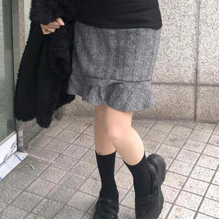 Herringbone Wool Midi Skirt with Ruffled Hem