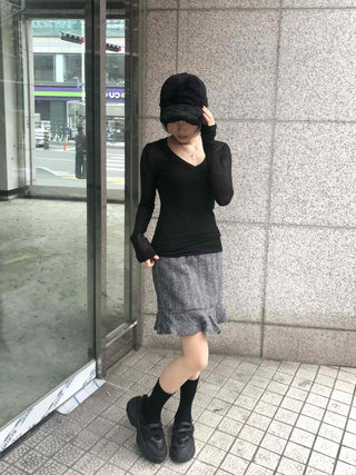 Herringbone Wool Midi Skirt with Ruffled Hem