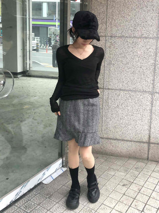 Herringbone Wool Midi Skirt with Ruffled Hem