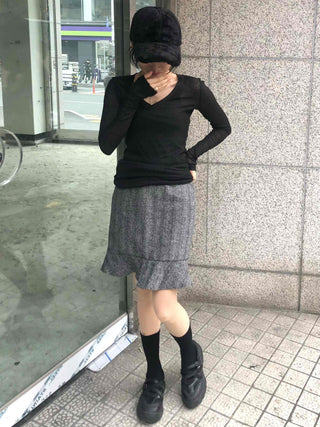Herringbone Wool Midi Skirt with Ruffled Hem
