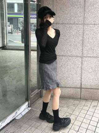 Herringbone Wool Midi Skirt with Ruffled Hem