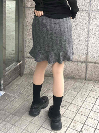 Herringbone Wool Midi Skirt with Ruffled Hem