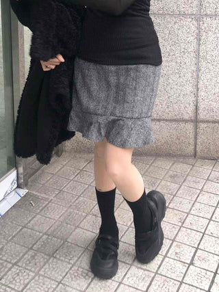 Herringbone Wool Midi Skirt with Ruffled Hem