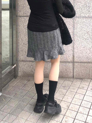 Herringbone Wool Midi Skirt with Ruffled Hem