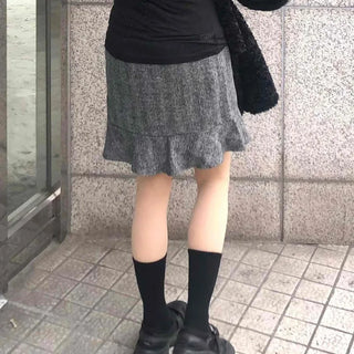 Herringbone Wool Midi Skirt with Ruffled Hem