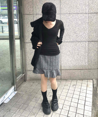Herringbone Wool Midi Skirt with Ruffled Hem