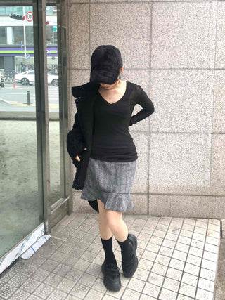 Herringbone Wool Midi Skirt with Ruffled Hem