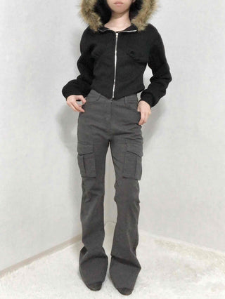 High-Waisted Minimal Slim Cargo Bootcut Pants