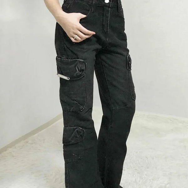 Oversized zipper flap cargo wide denim pants