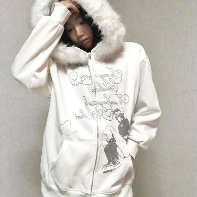 Fur Hood Print Oversized Zip-Up Hoodie