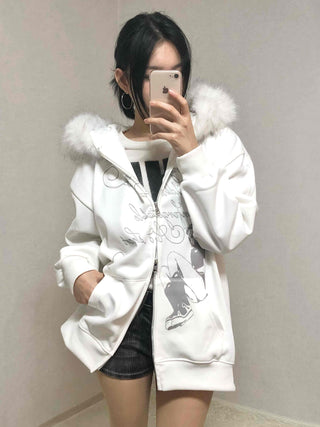Fur Hood Print Oversized Zip-Up Hoodie