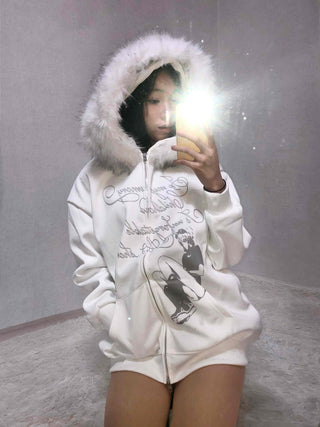 Fur Hood Print Oversized Zip-Up Hoodie