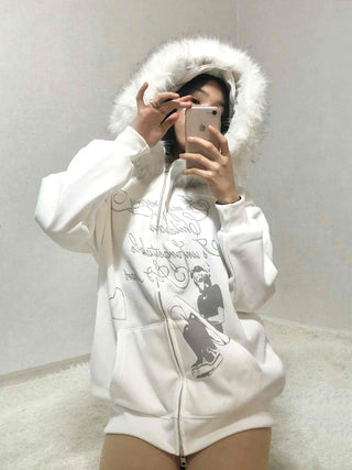 Fur Hood Print Oversized Zip-Up Hoodie