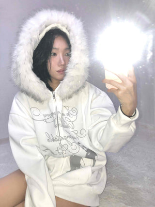 Fur Hood Print Oversized Zip-Up Hoodie