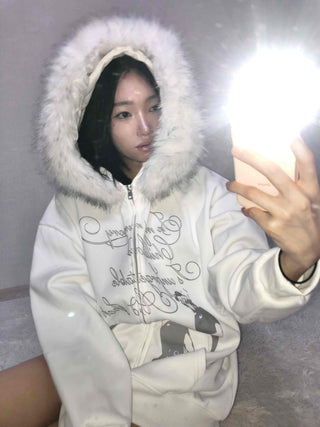 Fur Hood Print Oversized Zip-Up Hoodie