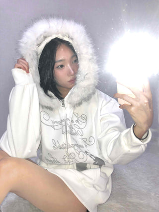 Fur Hood Print Oversized Zip-Up Hoodie