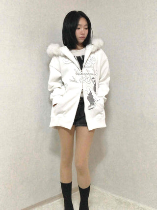 Fur Hood Print Oversized Zip-Up Hoodie
