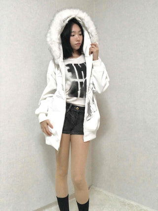 Fur Hood Print Oversized Zip-Up Hoodie