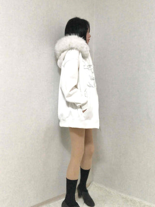 Fur Hood Print Oversized Zip-Up Hoodie