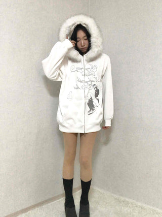 Fur Hood Print Oversized Zip-Up Hoodie