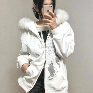 Fur Hood Print Oversized Zip-Up Hoodie