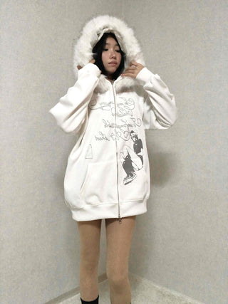 Fur Hood Print Oversized Zip-Up Hoodie