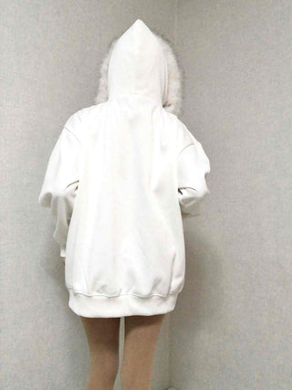 Fur Hood Print Oversized Zip-Up Hoodie