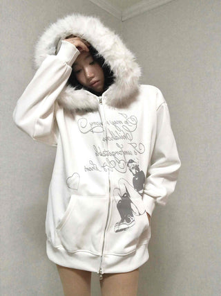 Fur Hood Print Oversized Zip-Up Hoodie