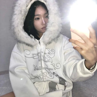 Fur Hood Print Oversized Zip-Up Hoodie