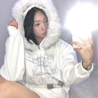 Fur Hood Print Oversized Zip-Up Hoodie