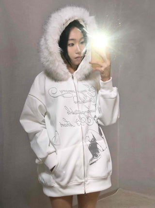 Fur Hood Print Oversized Zip-Up Hoodie